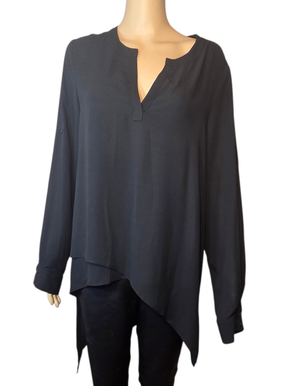 Cartise Shirt Blouse Pullover Hi Low Hemline Bkack Womens Size 8